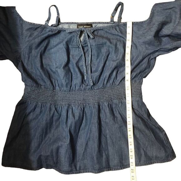 Lane Bryant Blouse Denim Top Smocked Waist Off Cold Shoulder jean shirt top - Picture 10 of 14